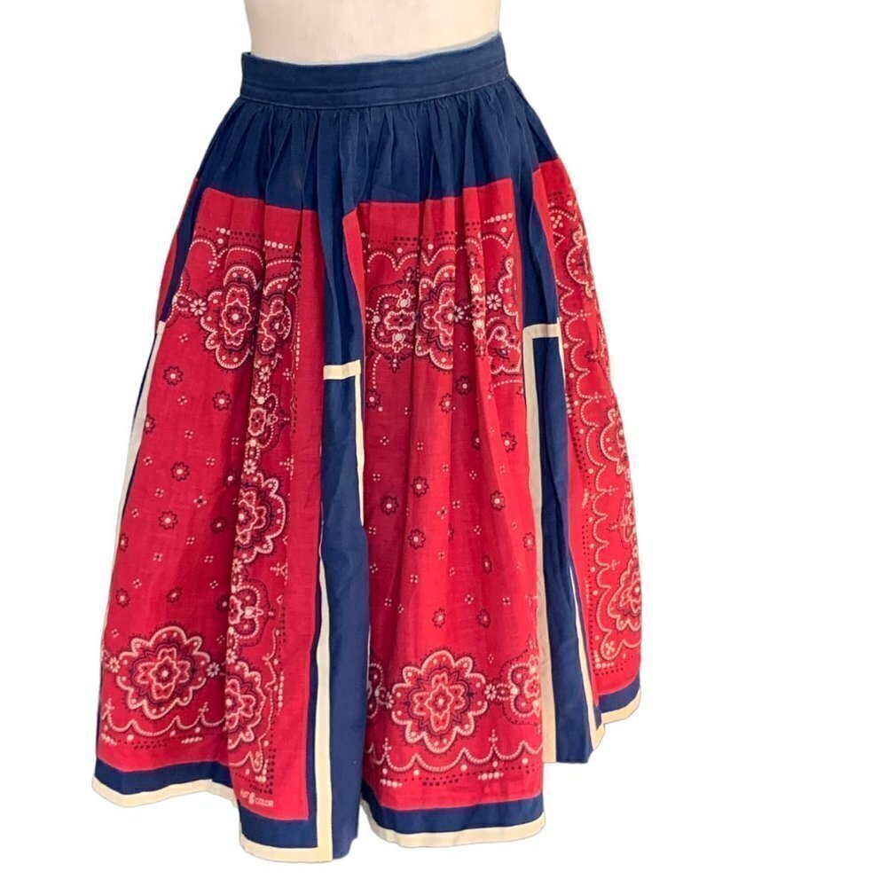 Vintage 40s 50s Western Prairie Full/Circle Pleat Skirt‎ Red Blue XS #92G - Picture 3 of 11